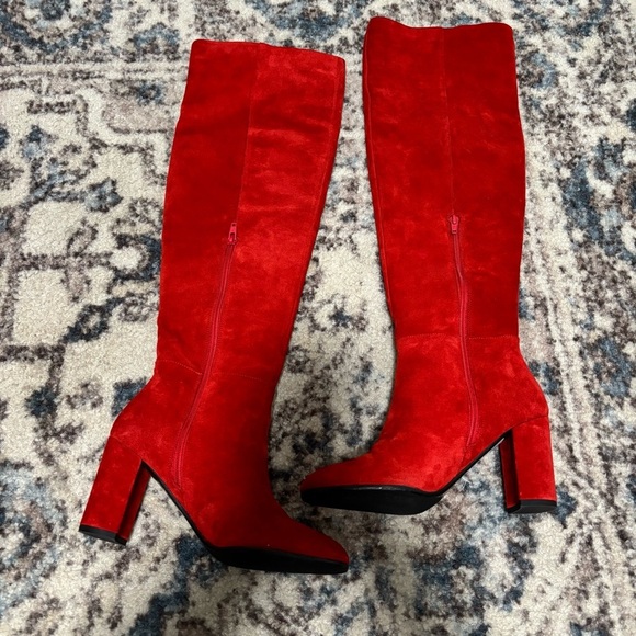 DUNE LONDON Selsie Red Suede Tall 70’s Block Heel Boots - Picture 2 of 11